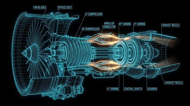 Aerospace turbofan engine wireframe model with glowing combustor chambers.