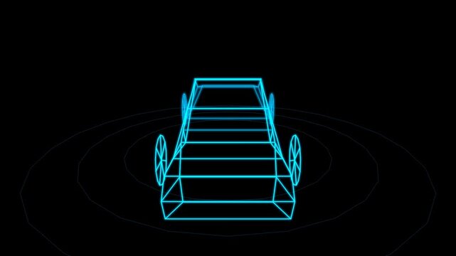 Blue wireframe car model spinning on dark background with circular grid.