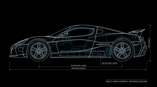 Electric hypercar side profile technical cad drawing with battery pack and wheelbase measurements on black background.