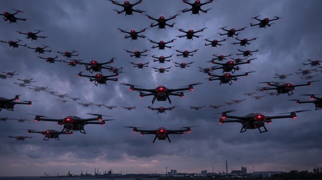 Massive swarm of autonomous surveillance drones flying over industrial coastal city during dark blue sunset.