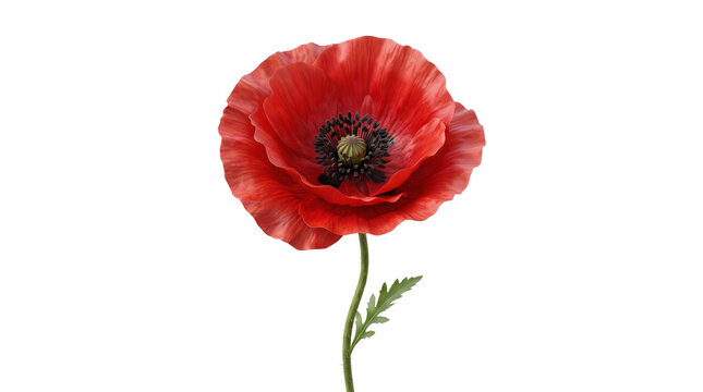 Vibrant red poppy flower on white background, single blooming papaver rhoeas with green stem, elegant floral botanical element for design