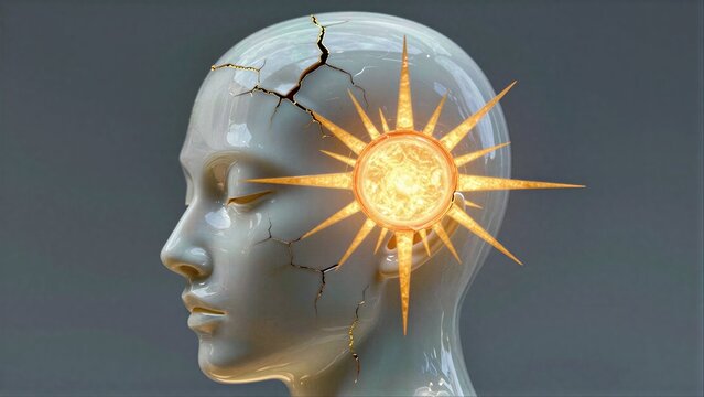 Cracked head with glowing sun symbolizing inner light and transformation.