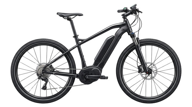 Modern electric mountain bike in matte black finish, high performance e-bike with integrated battery, sleek motorized bicycle for off-road cycling