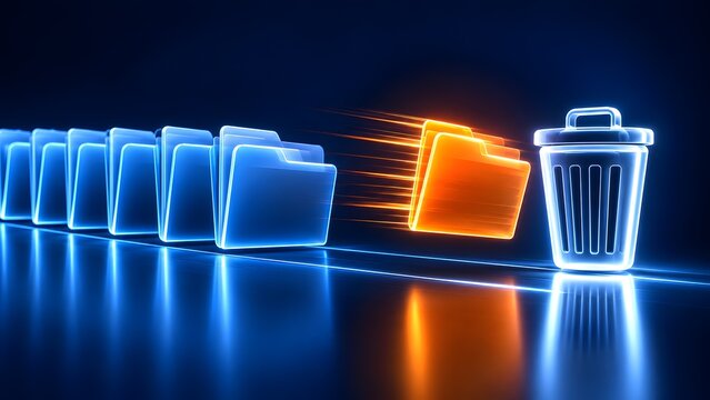 Fast data deletion concept featuring a targeted orange folder breaking away from a row to enter a glowing digital trash can