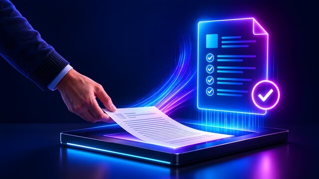 Hand scanning a physical paper document into a glowing digital verification system for paperless office transformation