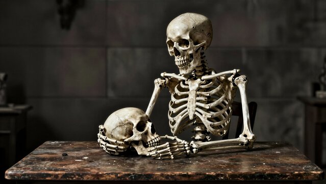 Skeleton sits at table, holding skull, dark room atmosphere.