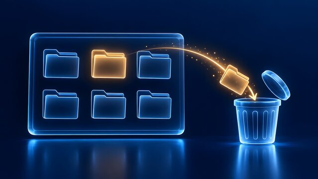 Digital file management interface showing an orange folder being moved into a glowing wireframe trash can for data deletion