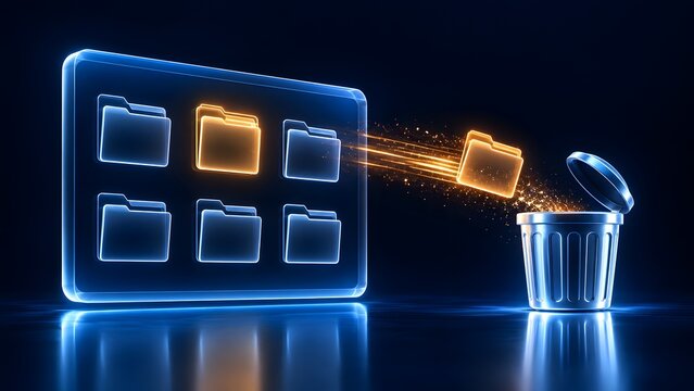 Deleting digital files concept showing an illuminated orange folder being transferred from a virtual dashboard into a metallic trash bin