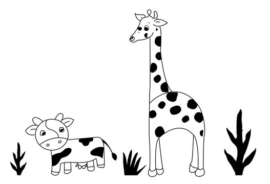 Cute cartoon cow and giraffe line art coloring page vector illustration