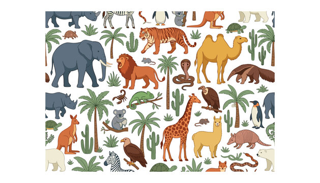 Wild animals seamless pattern vector background with elephant lion giraffe tiger camel and zebra among tropical trees and cacti