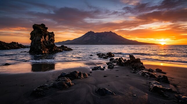Dramatic Sunset over Rocky Coastal Beach with Volcano Mountain View and Black Sand