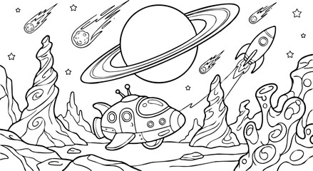 Obraz premium Cartoon alien planet landscape with spaceship, rocket, ringed planet, and meteors, line art illustration