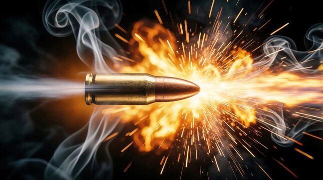 Bullet in motion with smoke and sparks after firing. Extreme speed and force depicted with bright fire and muzzle flash against dark background. Dynamic impact scene.