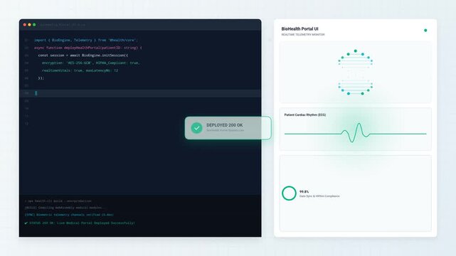 Developer Coding HealthTech Portal UI Dashboard with Realtime ECG and HIPAA Telemetry