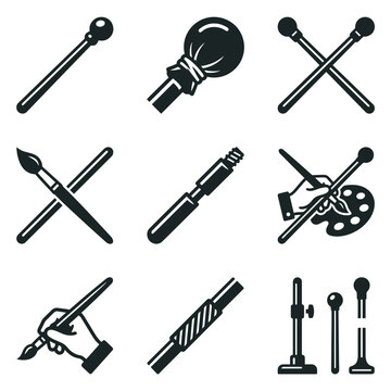 Minimalist set of lithography and traditional printmaking tool icons for artistic design projects