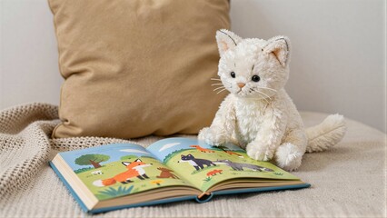Fototapeta premium Soft white cat plush sits beside colorful children's book on cozy bed.