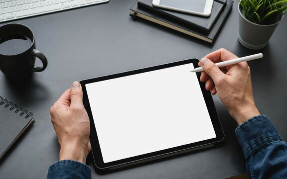 Person using digital tablet with stylus pen