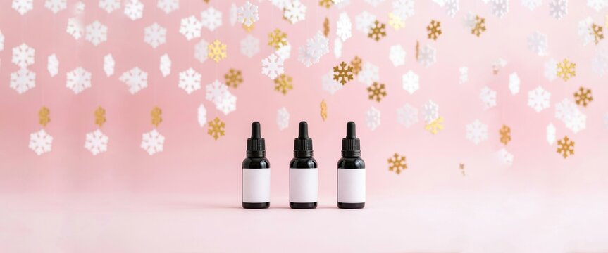 Three cosmetic dropper bottles on pink background