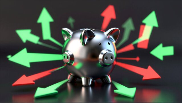 Shiny piggy bank surrounded by red and green arrows symbolizing financial growth.