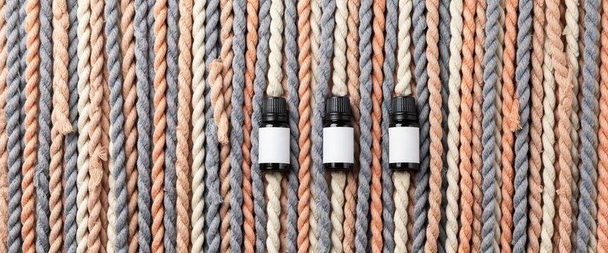 Three essential oil bottles on textured rope background