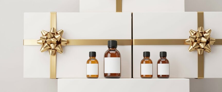 Amber glass bottles with blank labels on gift boxes