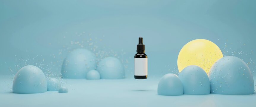 Dropper bottle floating with blue abstract shapes
