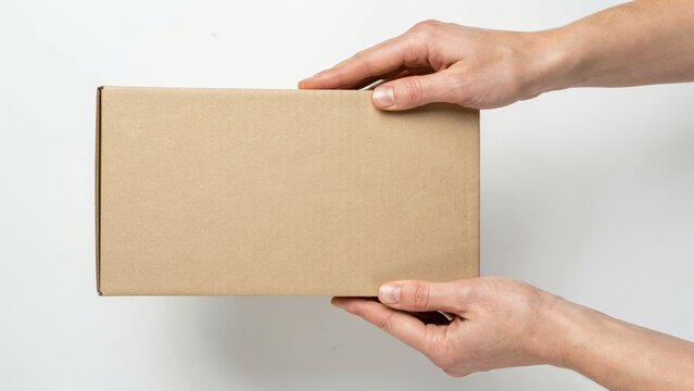 Hands holding a blank cardboard box