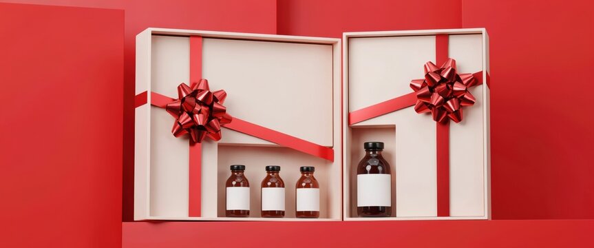 Gift boxes with bottles on red background