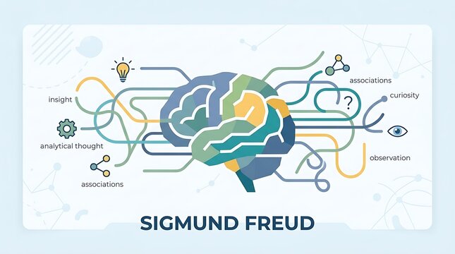 Human brain with abstract thought lines, minimal Sigmund Freud text, clean flat vector banner, psychology-inspired artwork
