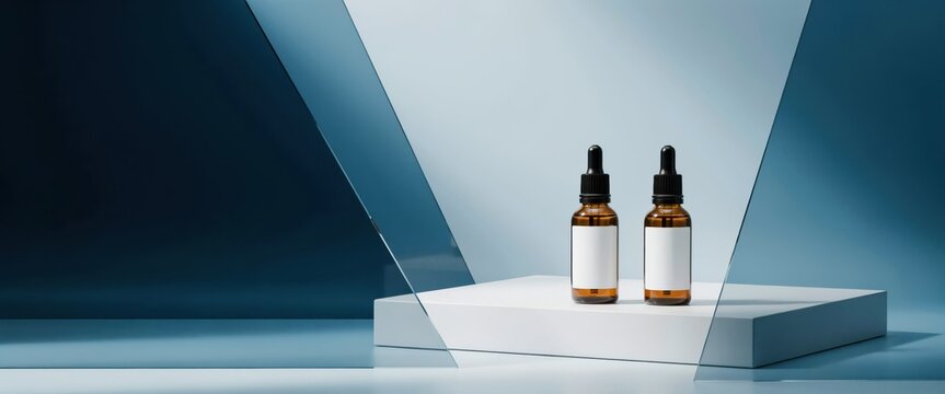 Two amber glass dropper bottles on podium