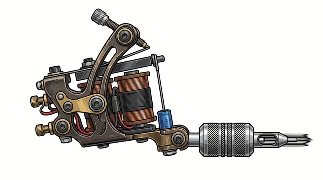 Professional coil tattoo machine isolated on white background for body art illustration.