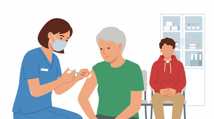 Fototapeta premium Flat design vector illustration of a nurse giving a vaccine to an elderly man, with a young person waiting.