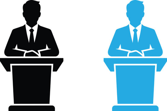 Businessman standing at a podium giving a speech icon set