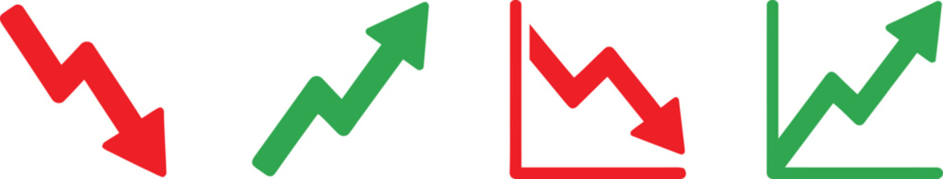Set of red and green business growth and decline arrow chart icons