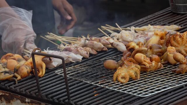 Grilled seafood skewers prepared at a local market