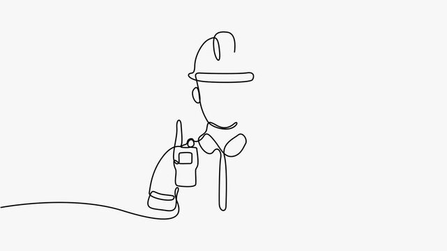 Continuous Line Drawing Animation Of Construction Worker Engineer Holding Walkie Talkie   