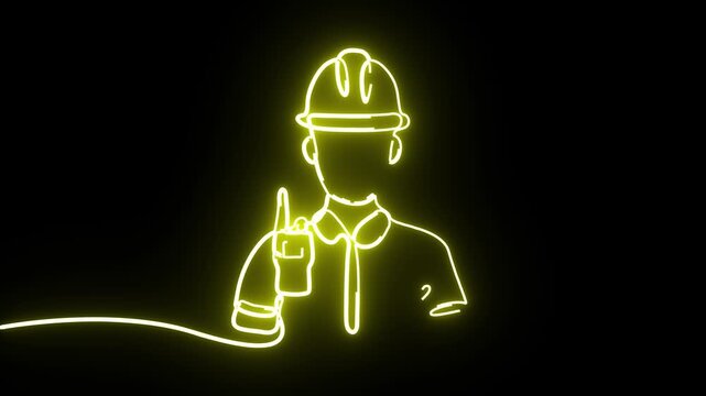 Continuous Line Drawing Animation Of Neon Yellow Construction Worker Holding Walkie-Talkie   