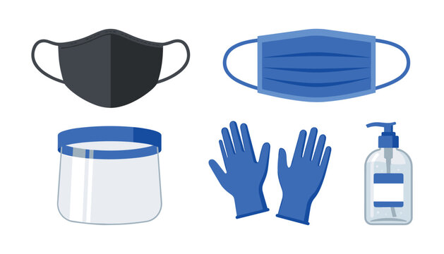 Medical personal protective equipment vector icon set with face mask shield blue gloves and hand sanitizer bottle for safety guidelines illustration design.