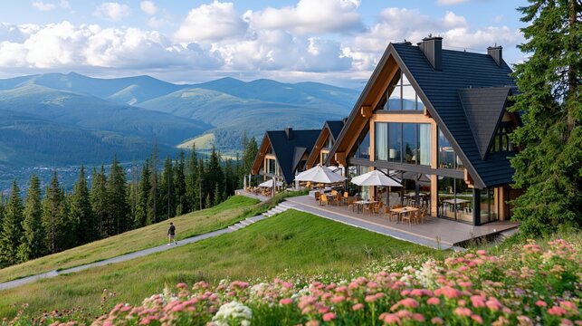 Modern mountain lodges with expansive windows overlook a scenic valley.