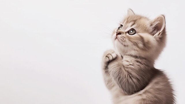 Cute Kitten Begging with Paws Together and Copy Space