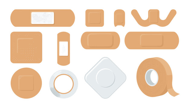 Medical adhesive bandage patch set with various shapes of first aid plasters medical tape rolls and sterile wound dressings vector illustration