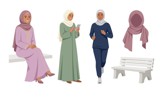 Modern Muslim women character vector illustration set featuring diverse ladies in hijab sitting on bench using smartphone jogging and sportswear elements isolated on white background