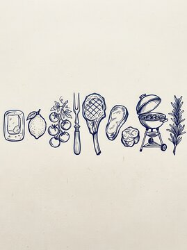 Hand-drawn BBQ and Grilling Icons Set with Steak, Grill, Vegetables, and Herbs in Blue Ink Style