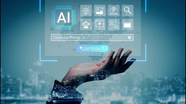 Futuristic Hand Holding Digital Interface with AI Command Prompt and Icons Symbolizing Technology Innovation and Creativity in Urban Landscape Gluon.