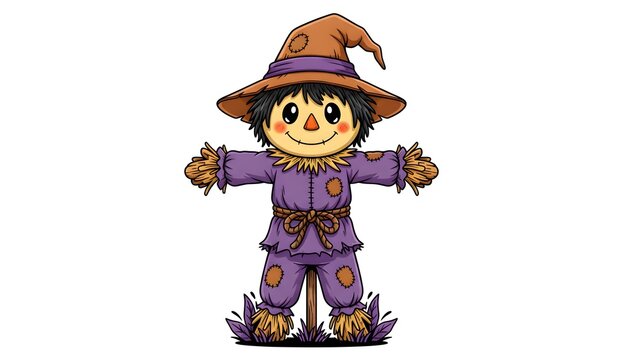 Cute Halloween Scarecrow in Purple Costume with Witch Hat Isolated on White Background