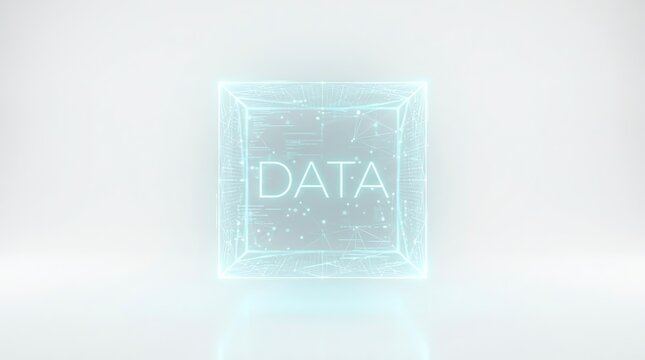 Futuristic glowing digital cube with data text on bright white background representation of cloud database storage technology