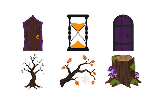 Set of Halloween themed vector illustrations featuring spooky doors, hourglass, bare tree, branches and tree stump.
