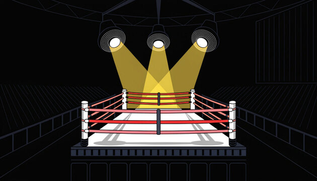 Empty Boxing Ring Under Bright Spotlights in Dark Arena Illustration