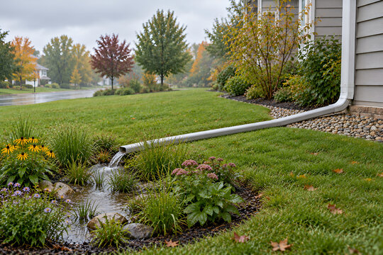 Downspout extension directing rainwater away from a house into a planted rain garden