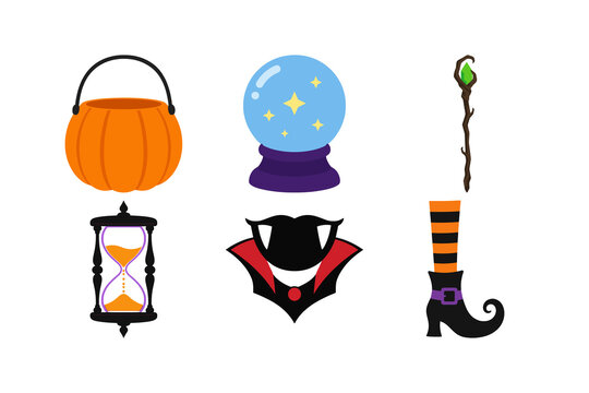Set of colorful Halloween themed icons featuring magic and spooky elements for festive design.